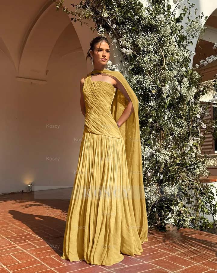 Chic One Shoulder Sleeveless Long Formal Dress With Pleated Shawl Chic One Shoulder Sleeveless Long Formal Dress With Pleated Shawl
