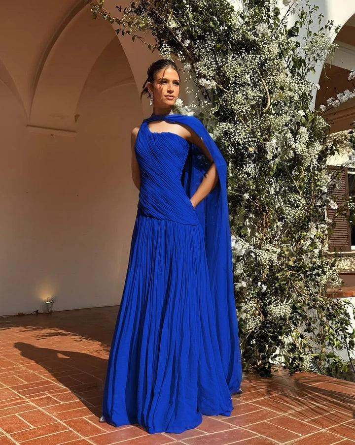 one shoulder dress with shawl Chic One Shoulder Sleeveless Long Formal Dress With Pleated Shawl