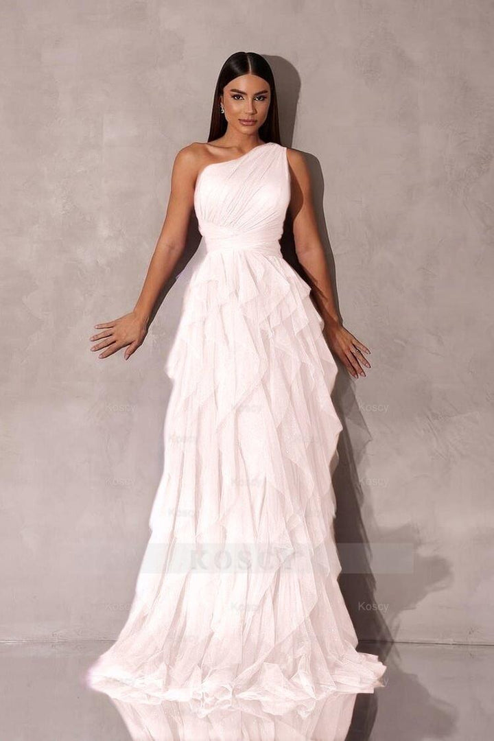 Chic One Shoulder Sleeveless Long Formal Dress with Tulle Ruffle Chic One Shoulder Sleeveless Long Formal Dress with Tulle Ruffle