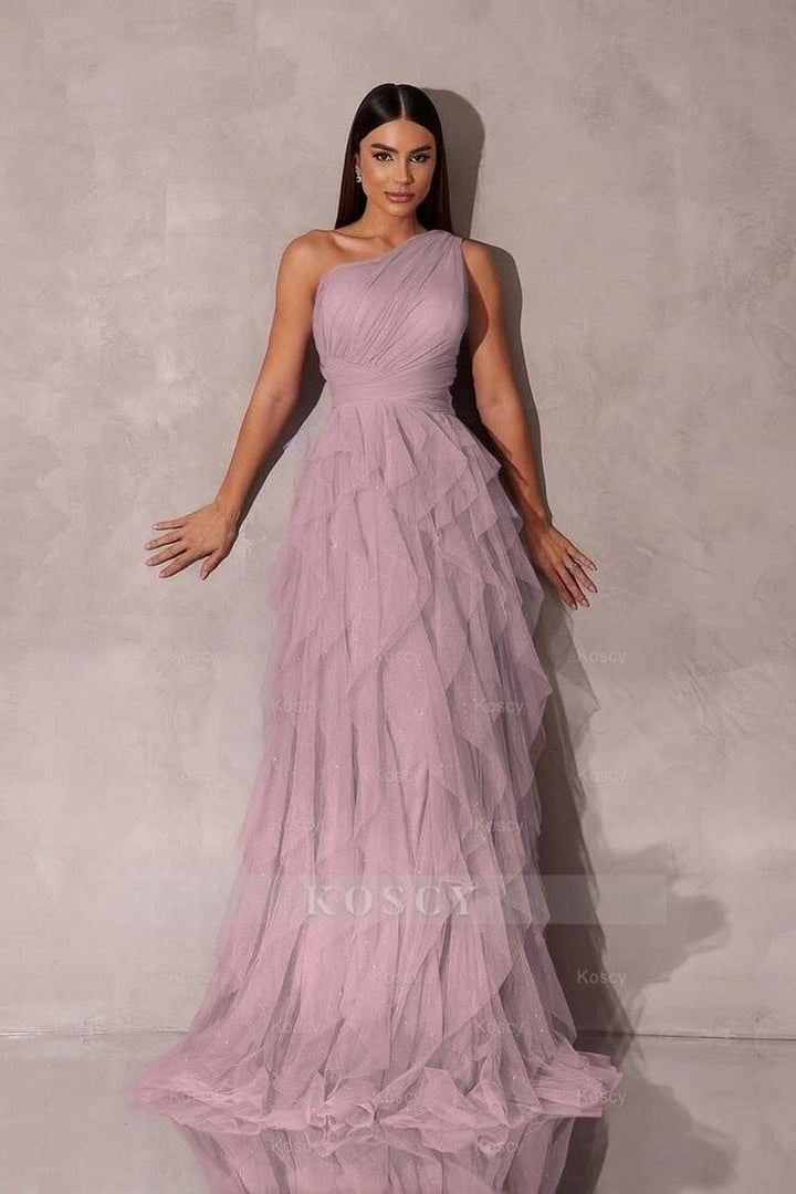 Chic One Shoulder Sleeveless Long Formal Dress With Tulle Ruffle Chic One Shoulder Sleeveless Long Formal Dress With Tulle Ruffle