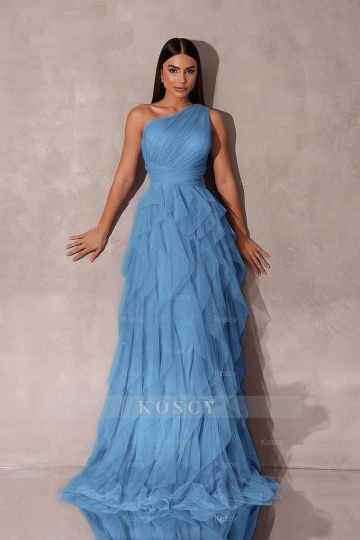 open lace back dress Chic One Shoulder Sleeveless Long Formal Dress With Tulle Ruffle