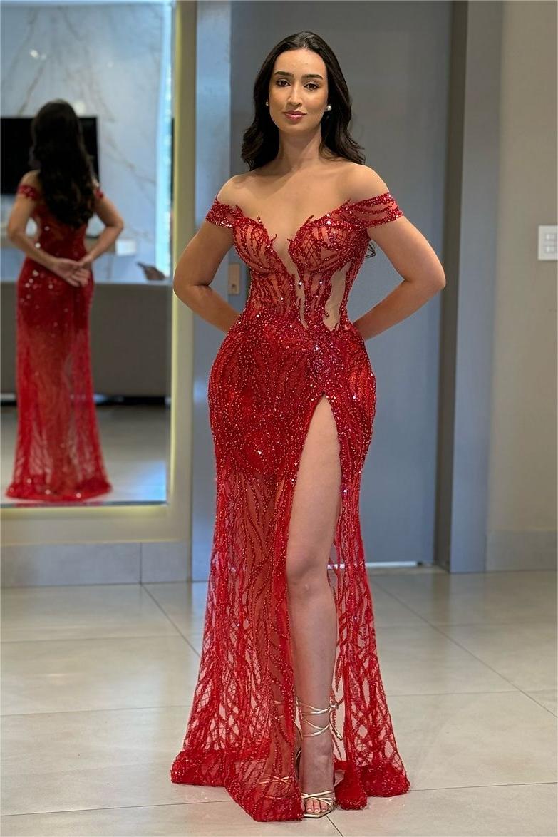 Chic Red Off the Shoulder High Split Long Formal Dress With Bead Embroidery Chic Red Off the Shoulder High Split Long Formal Dress With Bead Embroidery