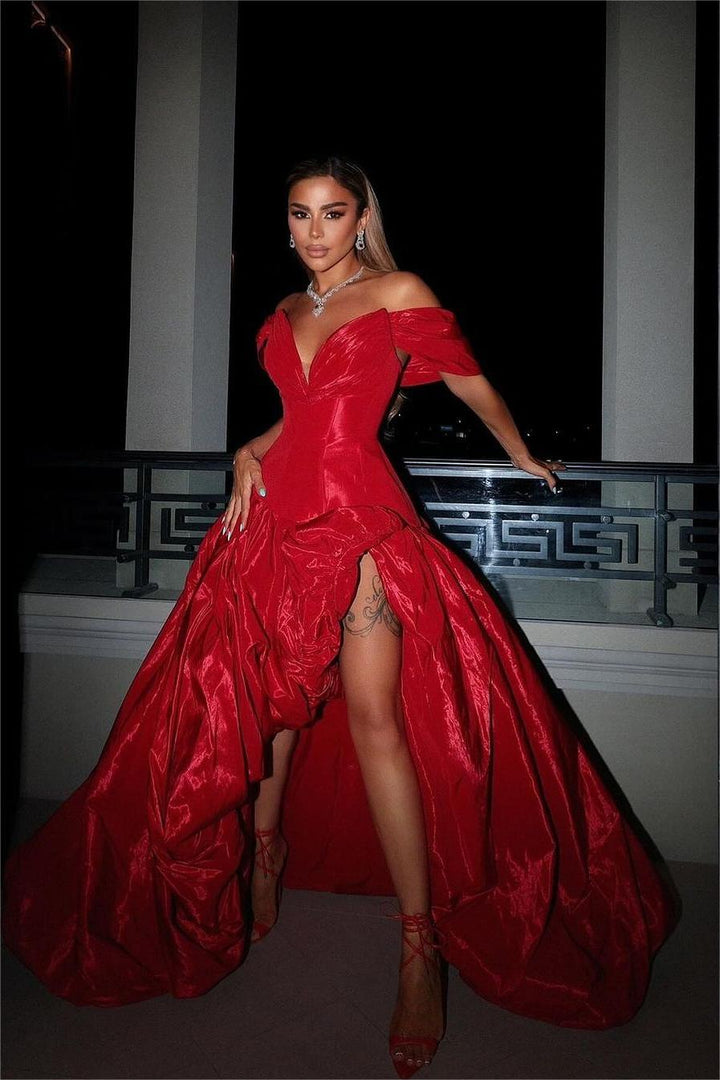 open lace back dress Red Off The Shoulder V-Neck Sexy Slit Evening Dresses, CP0035 US10 / As Pic