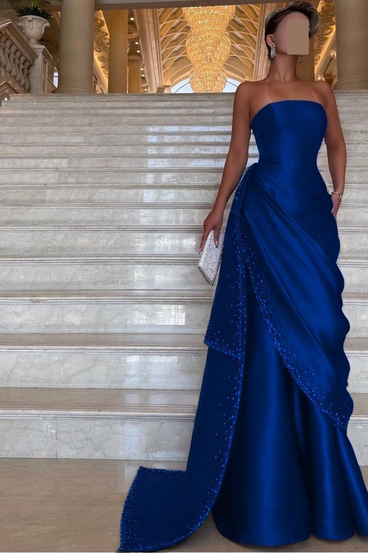strapless pleated formal dress Black Strapless Pleated Chiffon Long Formal Dress with Slit