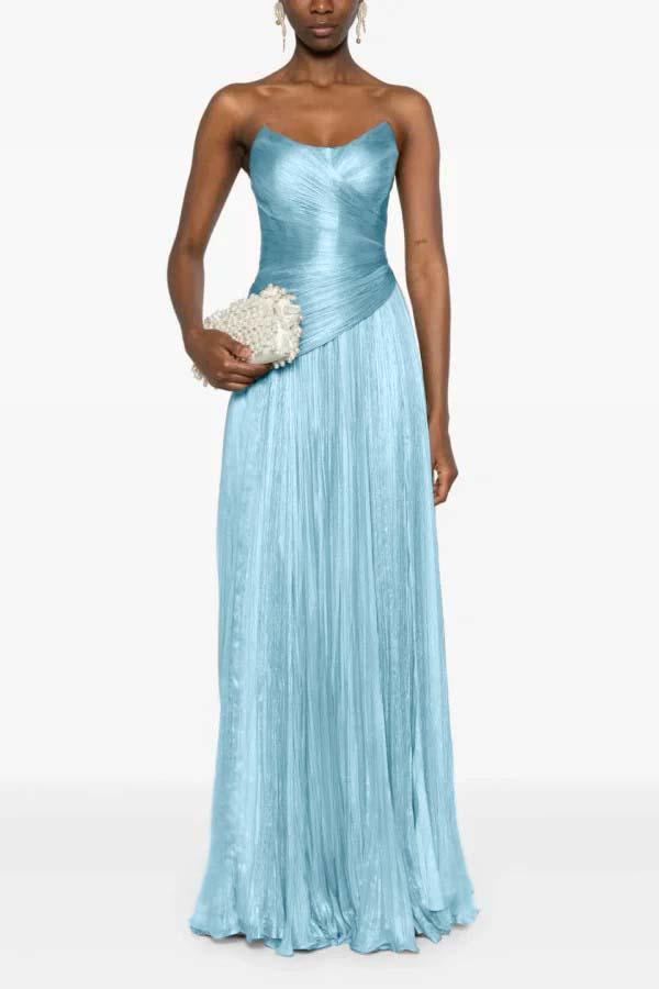 Chic Strapless Sleeveless Long Formal Dress With Ruffles Pleated