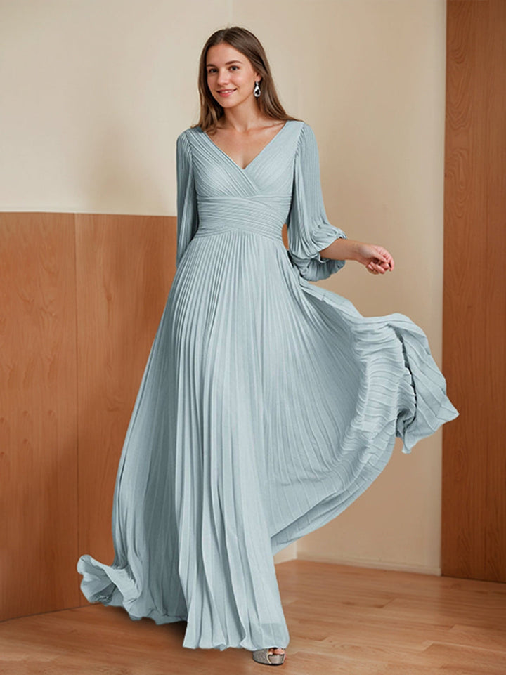 Chic V-Neck A-Line Princess Dress with 3/4 Sleeves and Pleated Chiffon for Mothers of The Bride & Groom