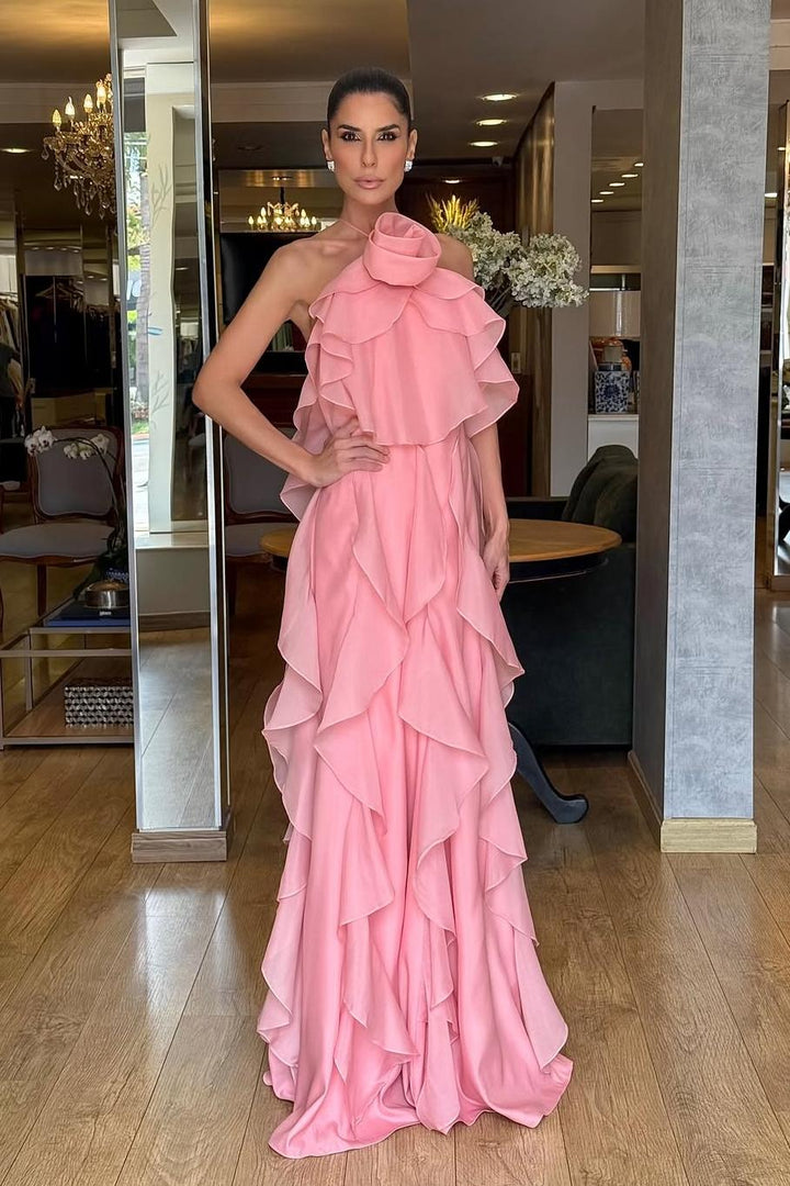 white christmas dresses Naelya Dark Pink Chiffon Halter-Neck Maxi Dress With Corsages – Club L  London main image 1