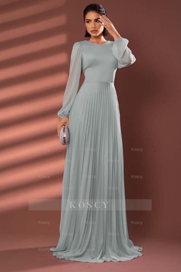 jewel neck maxi dress Chiffon Jewel Neck Long Sleeves Long Formal Dress With Pleated