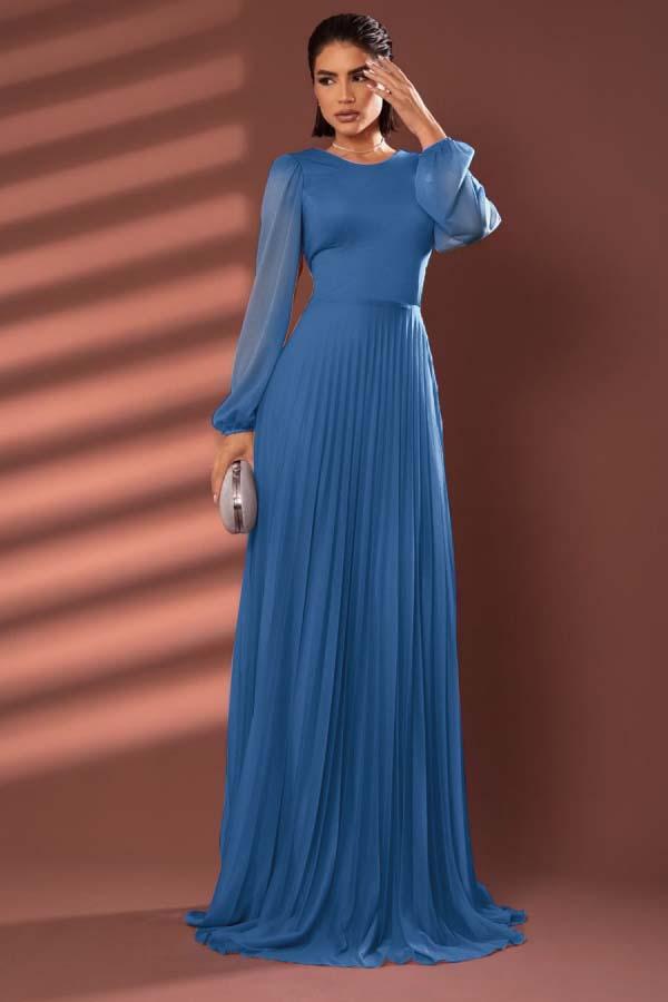 chiffon pleated dress long sleeve Jewel Neck Sleeves Long Formal With Style:EE01888BK Crafted from chiffon One Shoulder Fitted Dress 1054