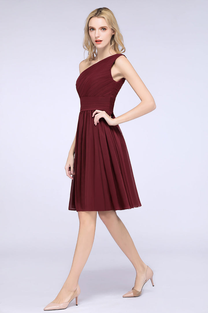 short maroon bridesmaid dresses A-line Scoop Neck Short Sleeve Asymmetrical Chiffon Bridesmaid Dress with Pleated S7439B - Bridesmaid Dresses