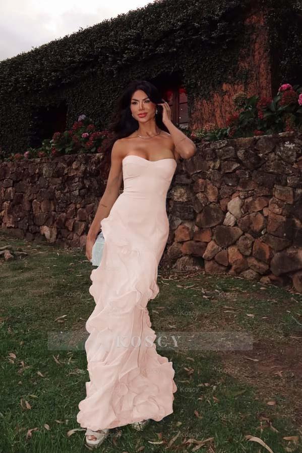 Chiffon Sweetheart Strapless Sleeveless Long Formal Dress With Ruffles Chiffon Sweetheart Strapless Sleeveless Long Formal Dress With Ruffles