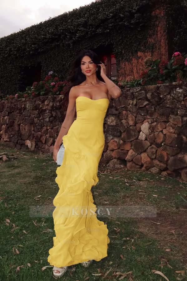 Chiffon Sweetheart Strapless Sleeveless Long Formal Dress With Ruffles Chiffon Sweetheart Strapless Sleeveless Long Formal Dress With Ruffles