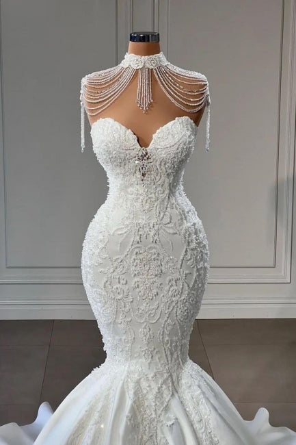 Chic Lace Applique and Tassel Sweetheart Sleeveless Chapel Train Mermaid Wedding Dress