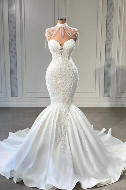 Chic Lace Applique and Tassel Sweetheart Sleeveless Chapel Train Mermaid Wedding Dress