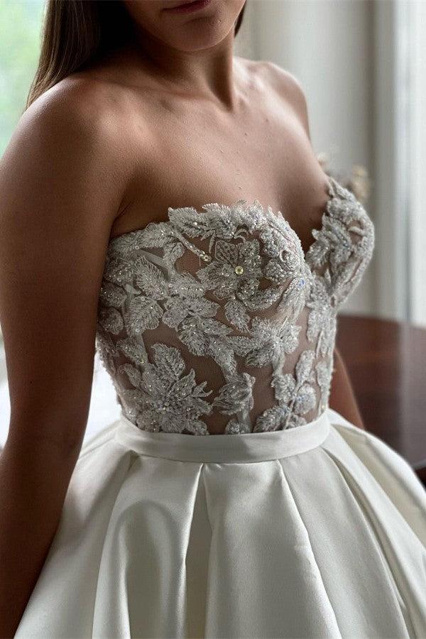 satin and lace a line wedding dress Berylove Women Ivory A-Line Lace Wedding Dress Satin Square Neck Long Sleeve Bridal Gown Dress With Slit