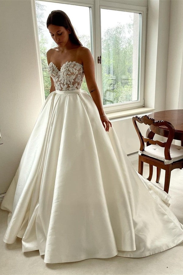 Classy Long A-line Sweetheart Satin Lace Bridal Dress