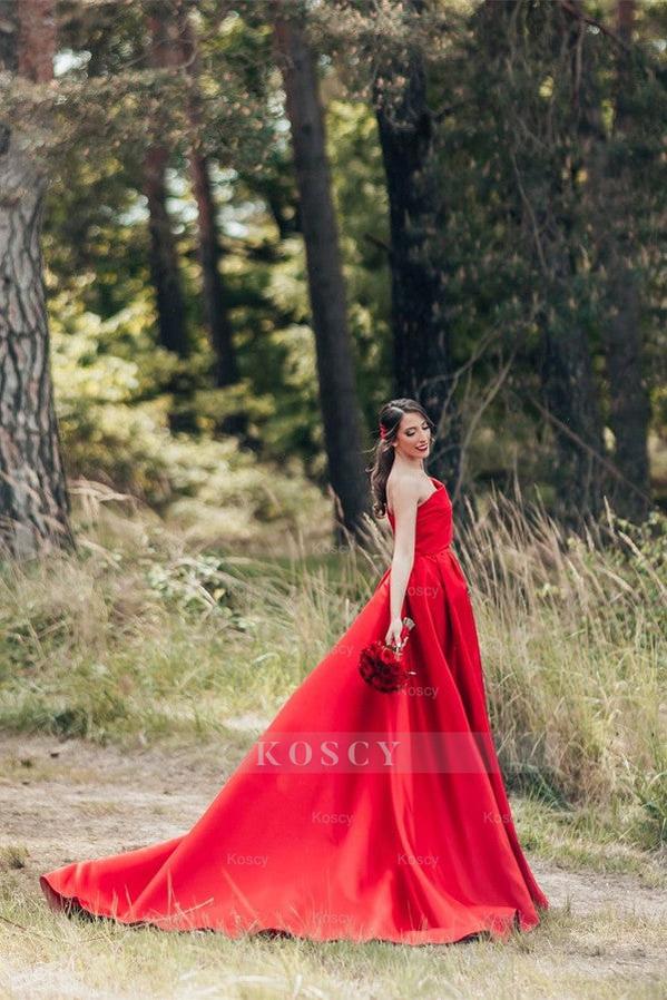 Classy Red Long A-line One Shoulder Satin Wedding Gown Classy Red Long A-line One Shoulder Satin Wedding Gown