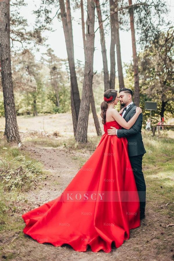 Classy Red Long A-line One Shoulder Satin Wedding Gown Classy Red Long A-line One Shoulder Satin Wedding Gown