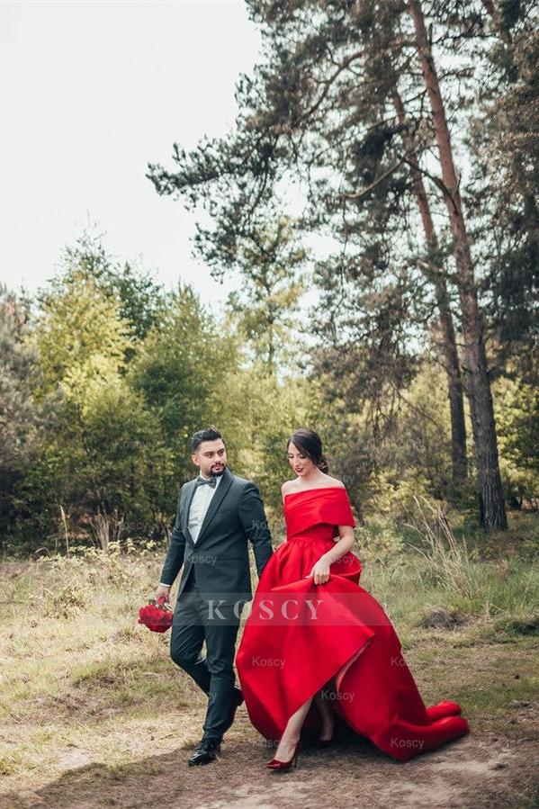 Classy Red Long A-line One Shoulder Satin Wedding Gown