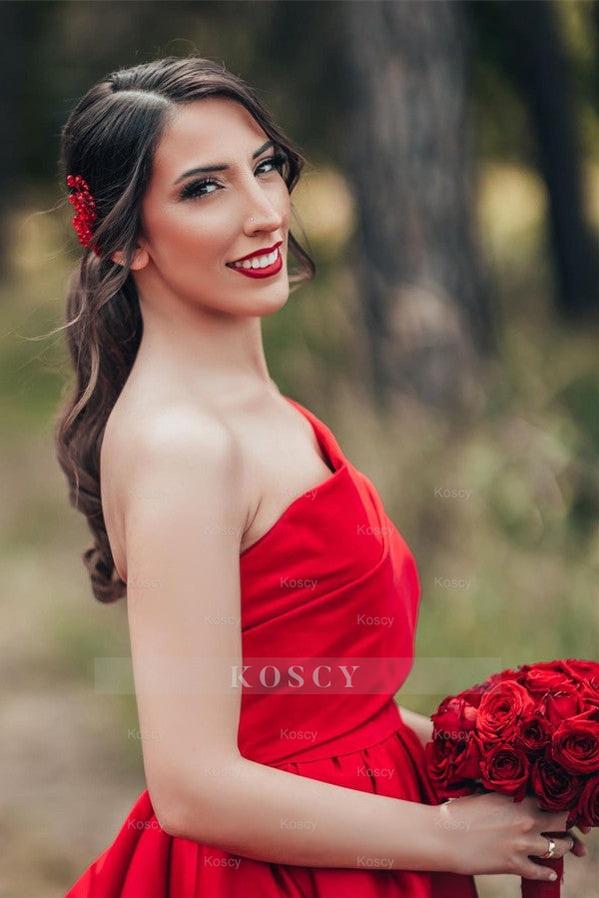 Classy Red Long A-line One Shoulder Satin Wedding Gown Classy Red Long A-line One Shoulder Satin Wedding Gown