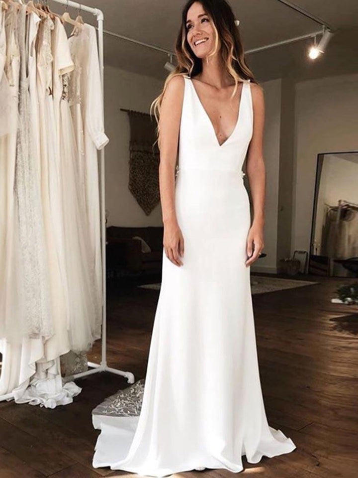 Classy V-neck Lace Backless Mermaid Wedding Gown