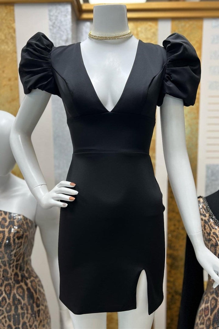 Koscy Cobalt Blue Plunge V Bodycon Short Dress with Puff Sleeves