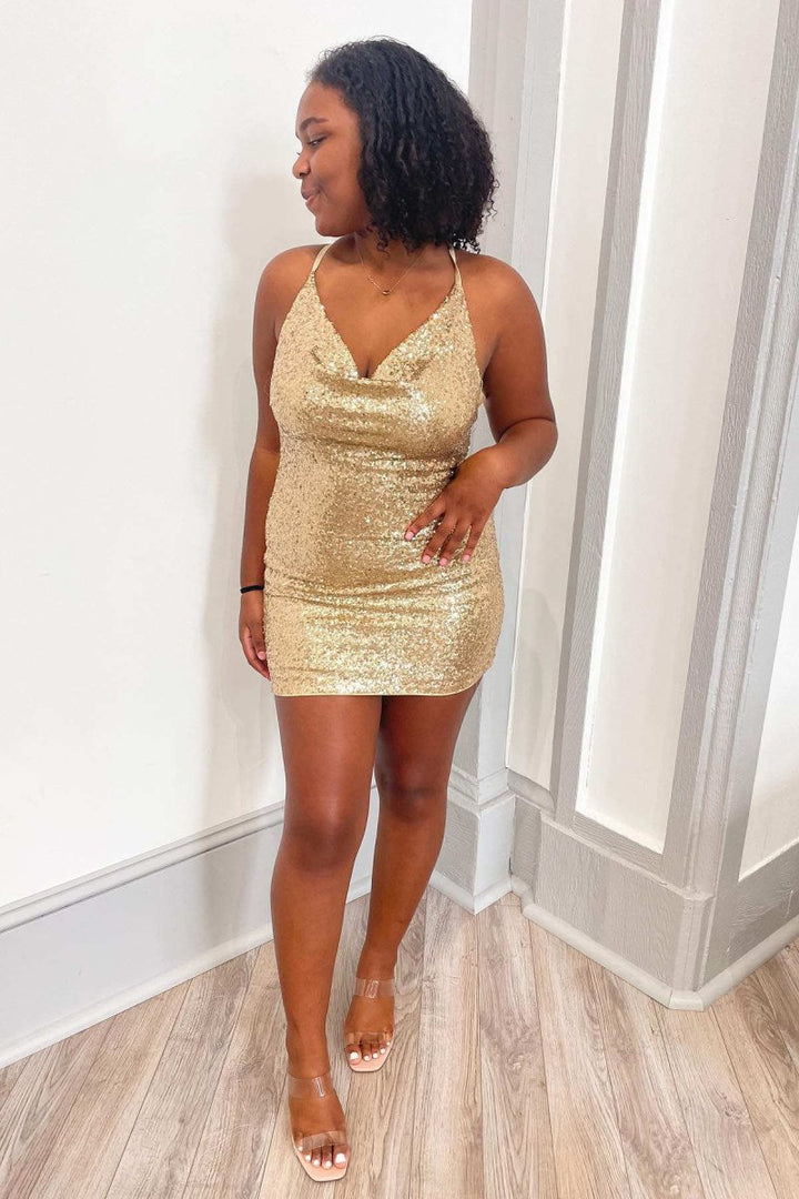 Koscy Cowl Neck Emerald Green Sequin Mini Homecoming Dress