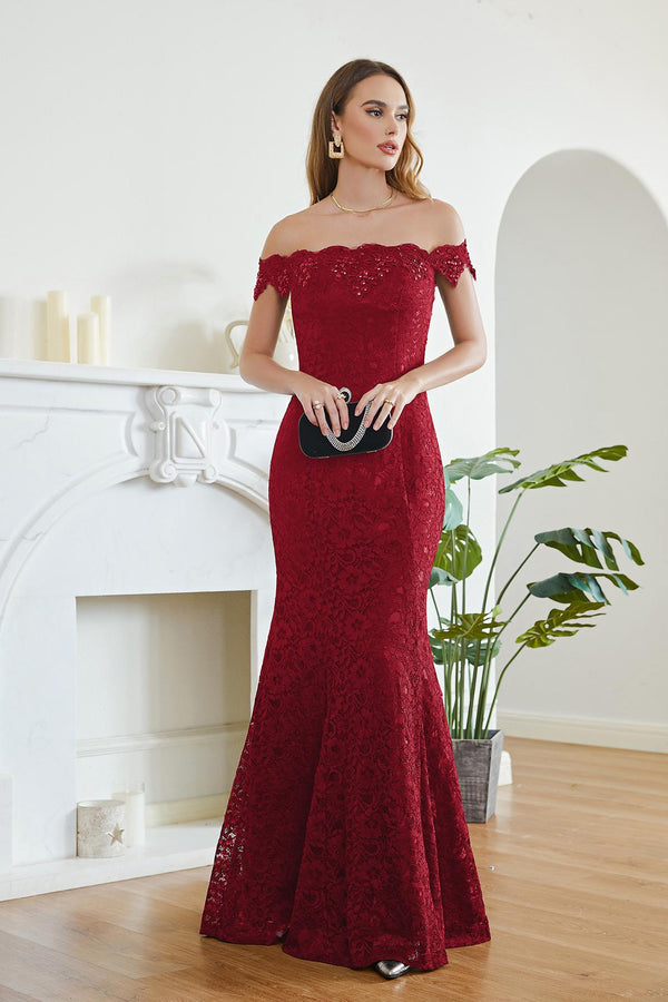 Robe de soirée longue en dentelle à épaules dénudées chic