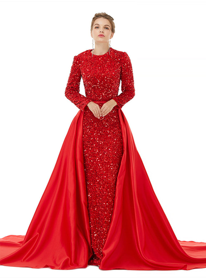 Crew Long Sleeves Sequins Floor-Length Dress-koscy