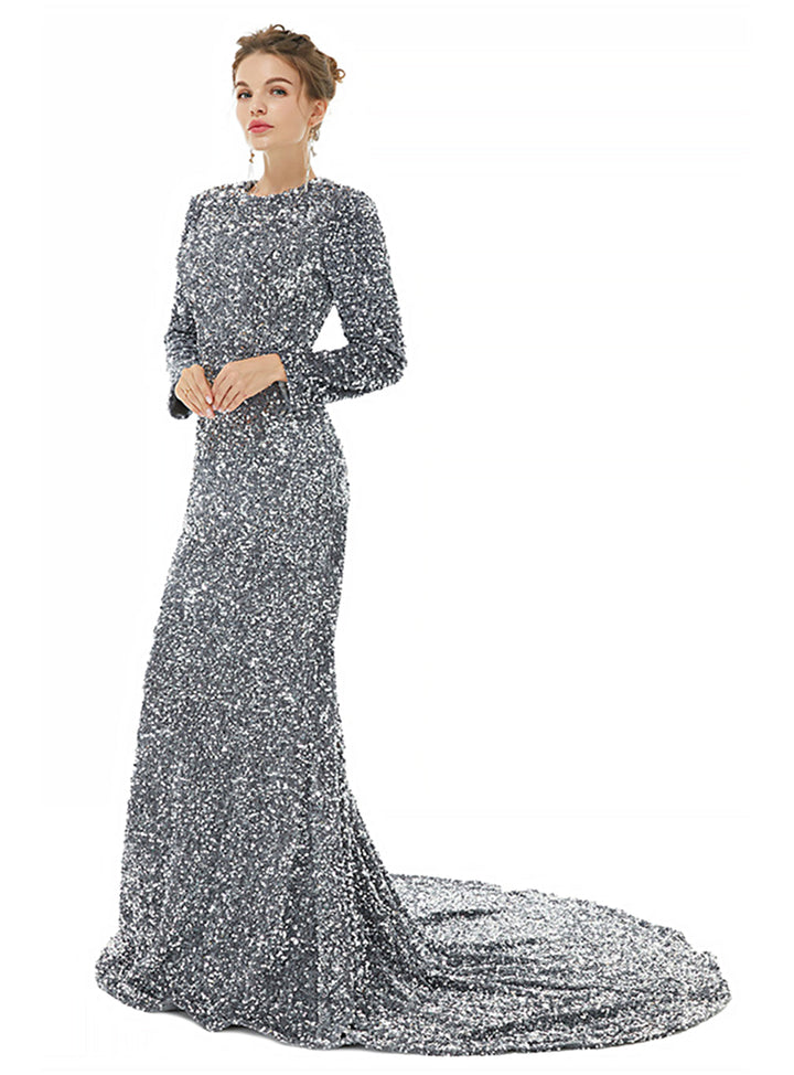 Crew Long Sleeves Sequins Floor-Length Dress-koscy