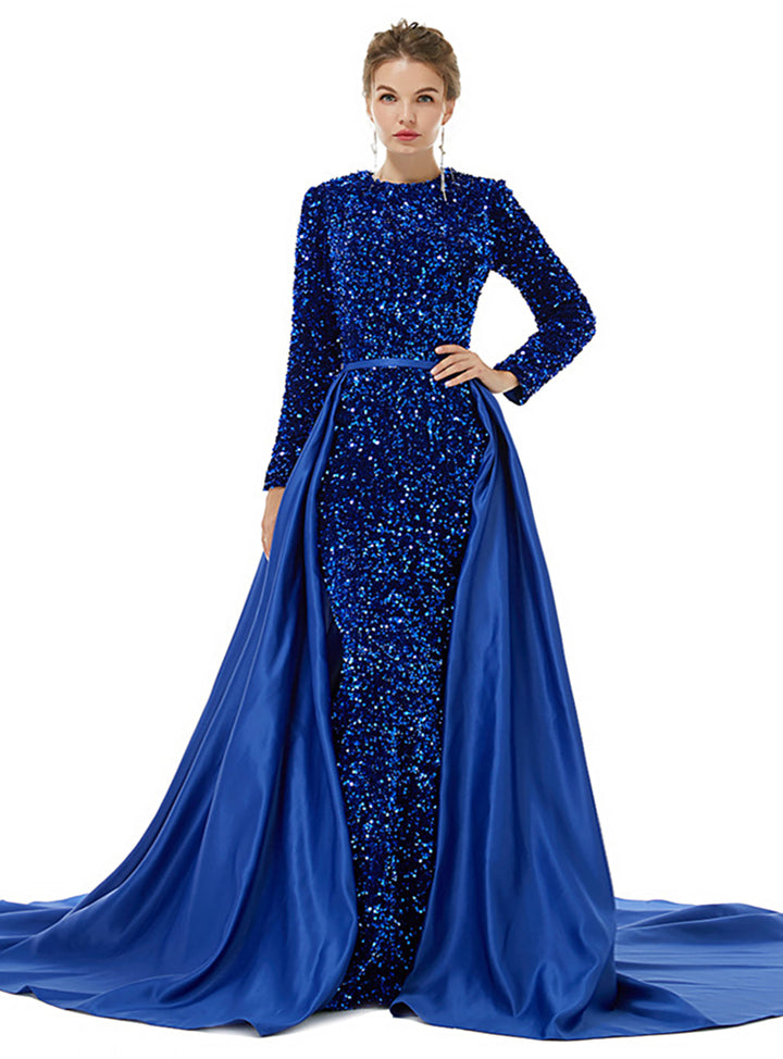 Crew Long Sleeves Sequins Floor-Length Dress-koscy