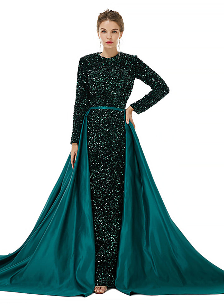 Crew Long Sleeves Sequins Floor-Length Dress-koscy