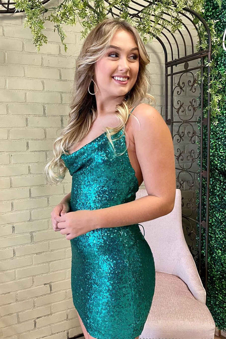 Koscy Crew Neck Emerald Green Sequins Short Homecoming Dress