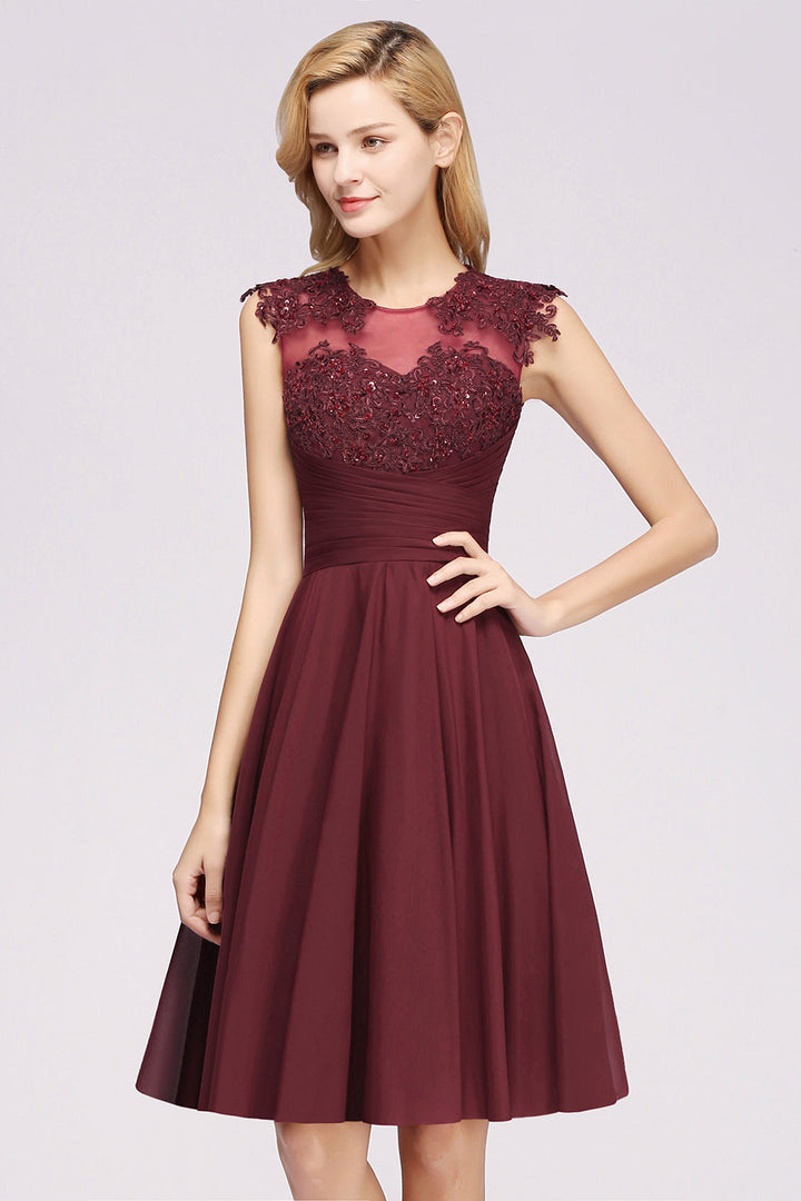 Cute Chiffon Round Neck Short Burgundy Bridesmaid dresses with Appliques