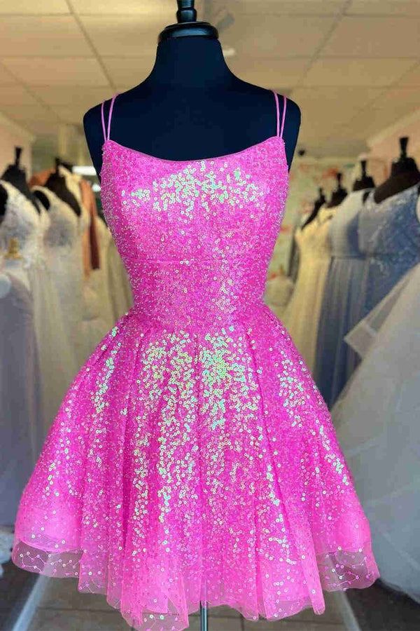 Koscy Hot Pink Sequins A-Line Homecoming Dress