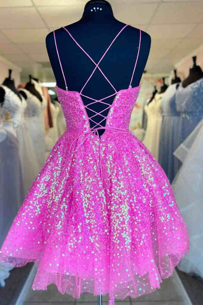 Koscy Hot Pink Sequins A-Line Homecoming Dress