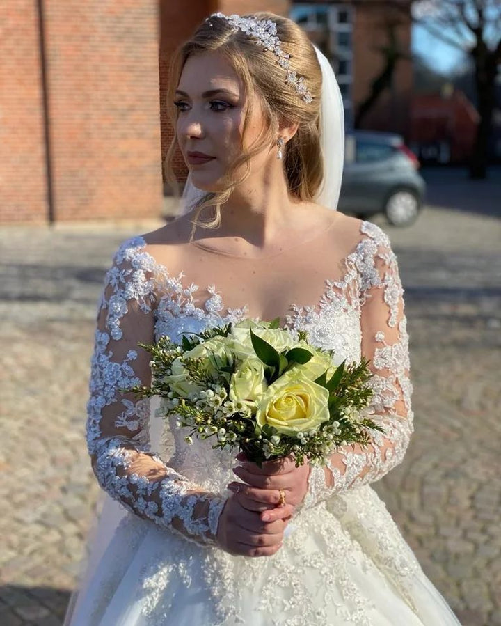 Bmbride Vintage A-line Sweetheart Appliques Lace Wedding Dresses Long Sleeves