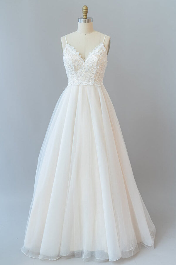 Bmbride Lace Tulle A-line Wedding Dress with Spaghetti Straps