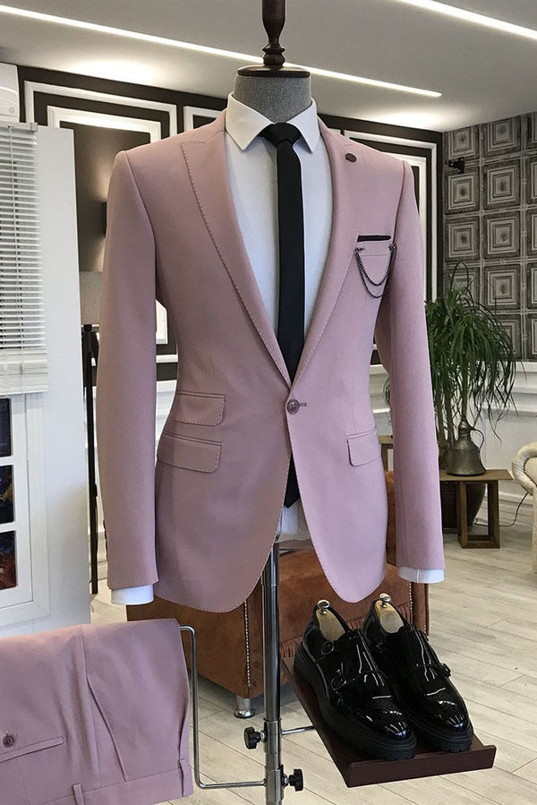 Koscy Pink Peaked Lapel Wedding Suit with Three Flaps for Men