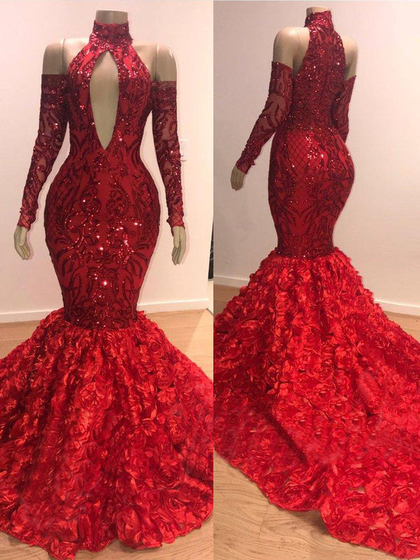 High Collar Long Sleeves Prom Dress in Burgundy Mermaid Sequins