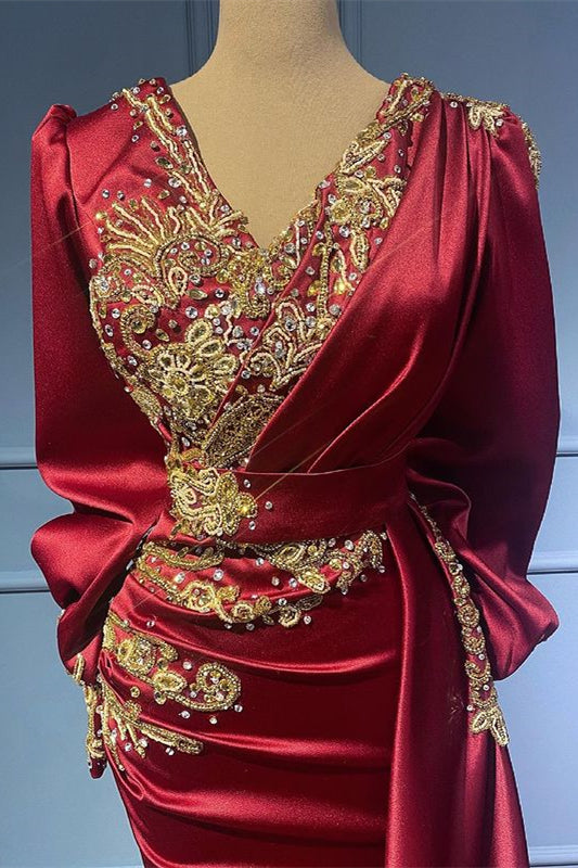 Burgundy Mermaid Evening Dress with Long Sleeves Beads Ruffles and Appliques