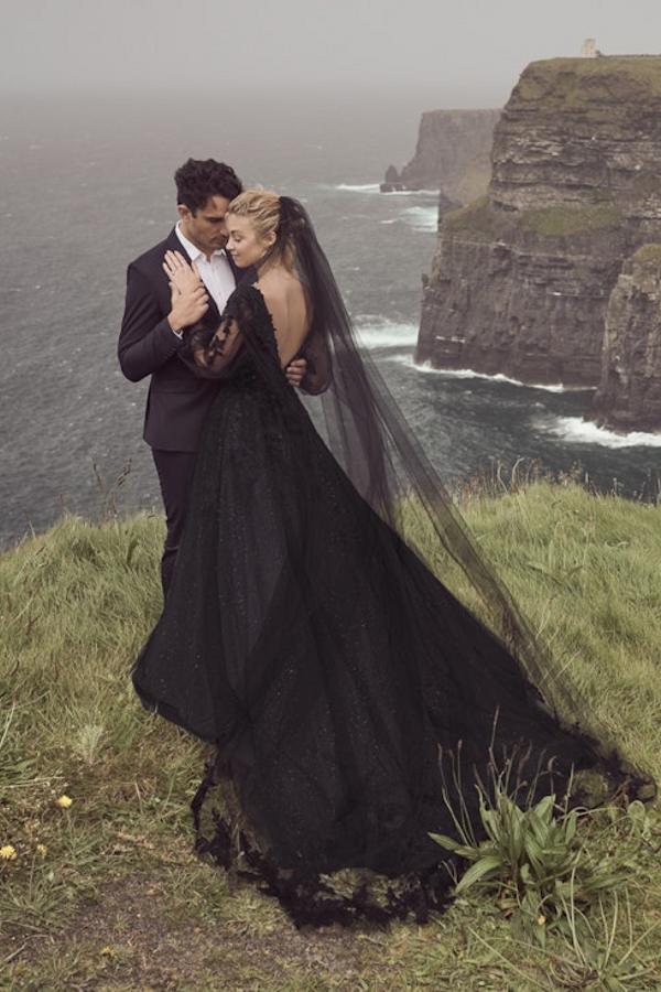 Bmbride Black A-line V-neck Backless Lace Wedding Dress with Long Sleeves