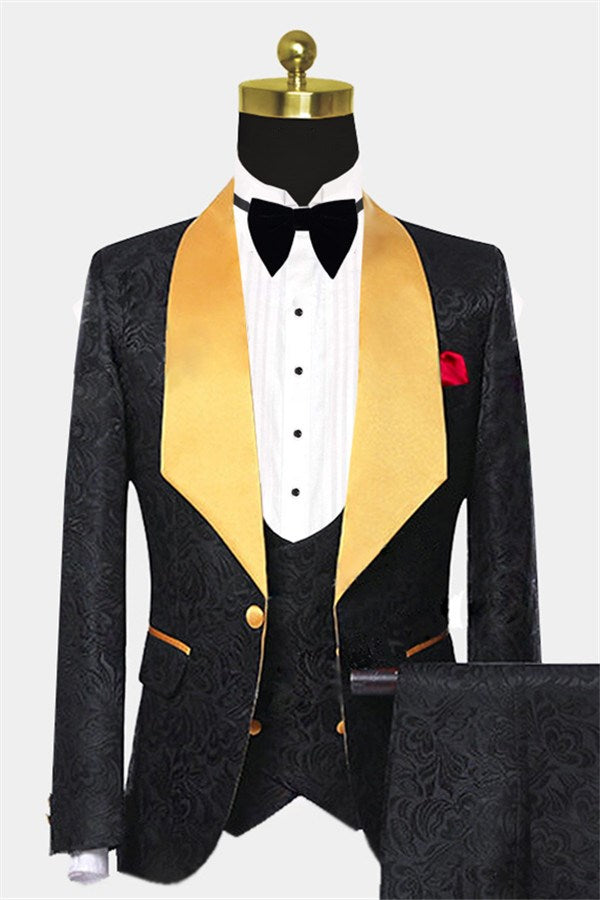 Koscy Gold Three Piece Shawl Lapel Black Jacquard Suit for Men's Wedding