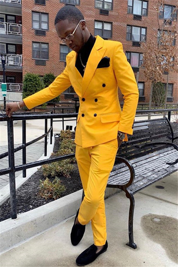 Koscy Stylish Yellow Double-Breasted Designer Wedding Suit with Peaked Lapel