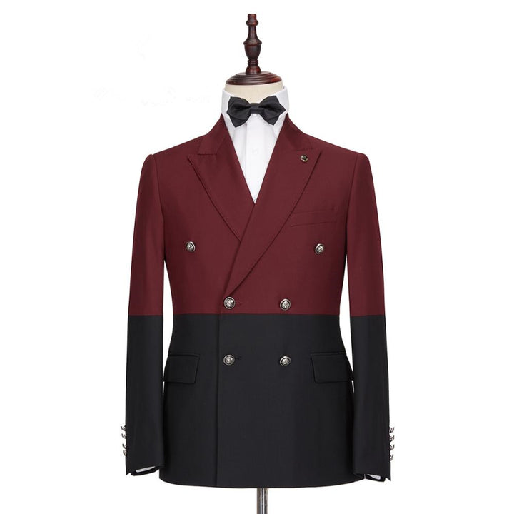 Koscy Fashionable Burgundy and Black Double-Breasted Prom Suit with Peaked Lapel for Men