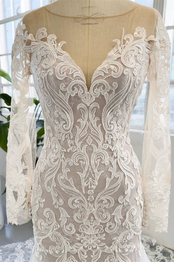 Bmbride Long Mermaid Jewel Tulle Lace Backless Wedding Dresses with Sleeves - Beautiful