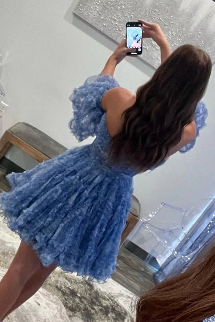 Koscy Blue Puff Sleeves Ruffles A-line Prints Homecoming Dress