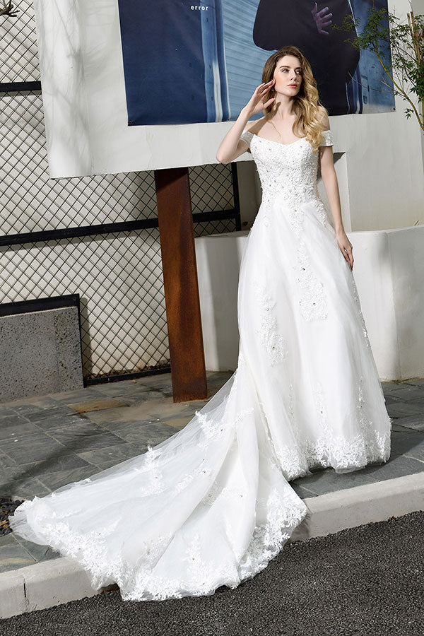 Bmbride Off Shoulder A-Line Lace Wedding Dress