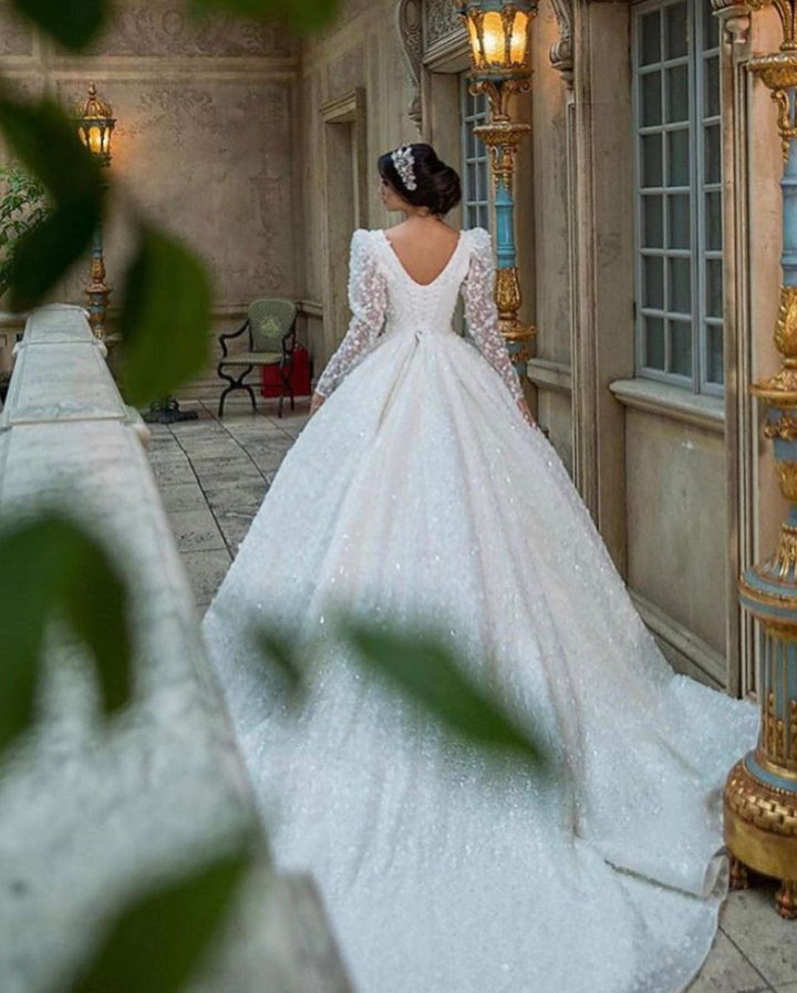 Bmbride A-Line Deep V-neck Appliques Lace Long Sleeve Train Wedding Dress