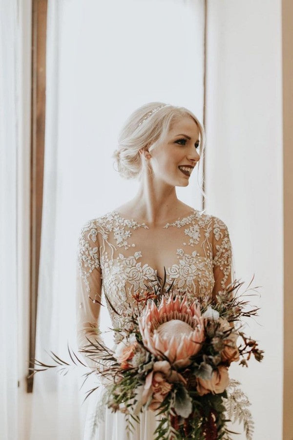 Bmbride Vintage A-Line Bateau Long Sleeve Appliques Lace Open Back Chiffon Wedding Dress